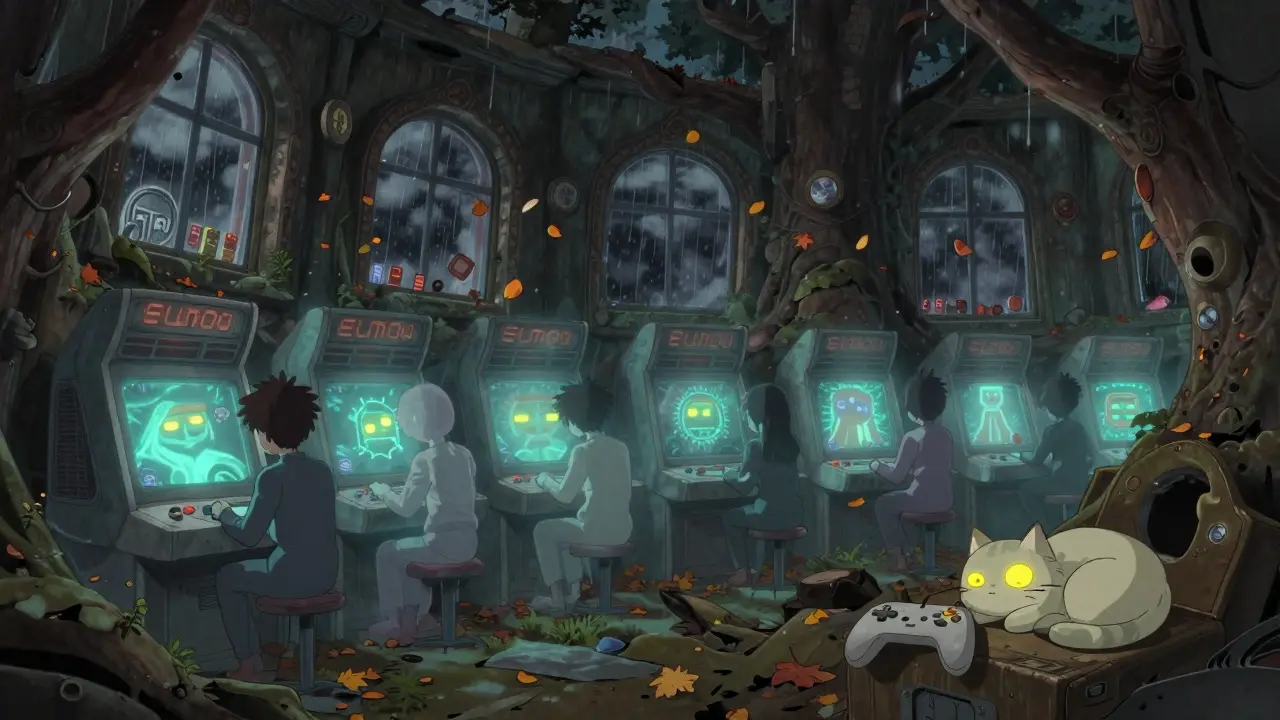 Ghostly digital avatars sit frozen in an abandoned game center, with falling token icons like autumn leaves.