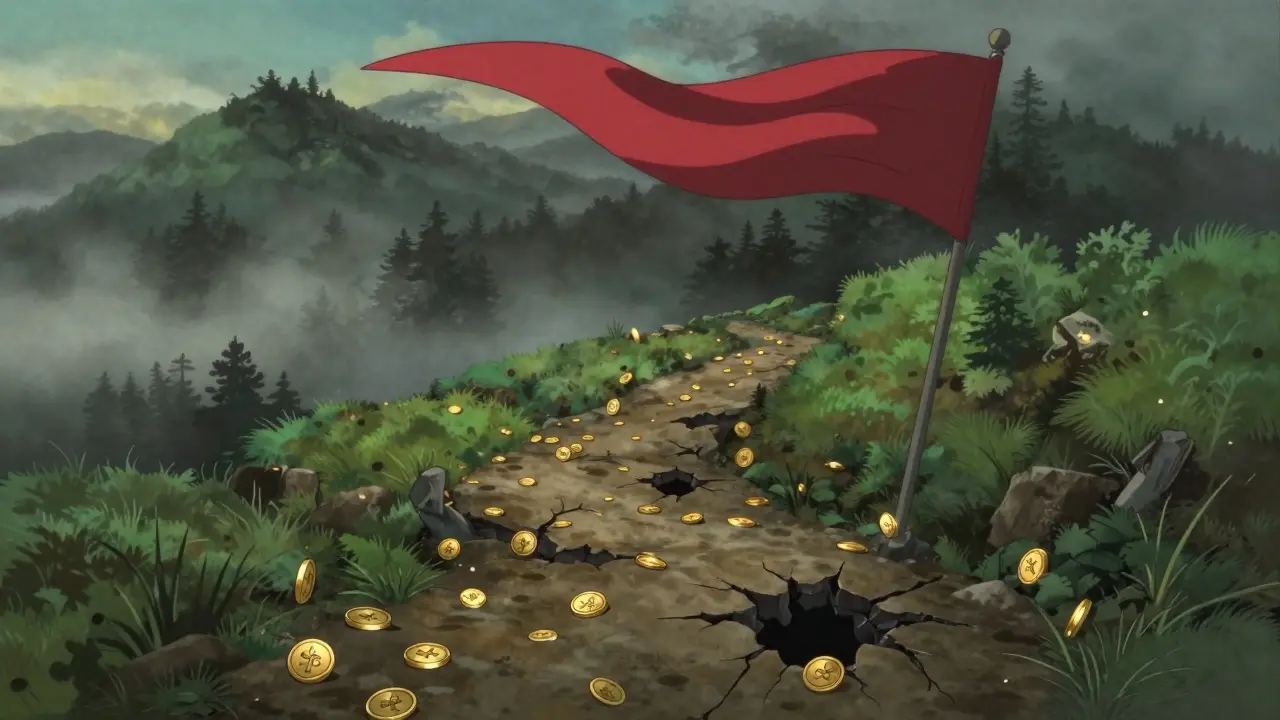 Gold tokens on path conceal cracks leading to dark voids below.