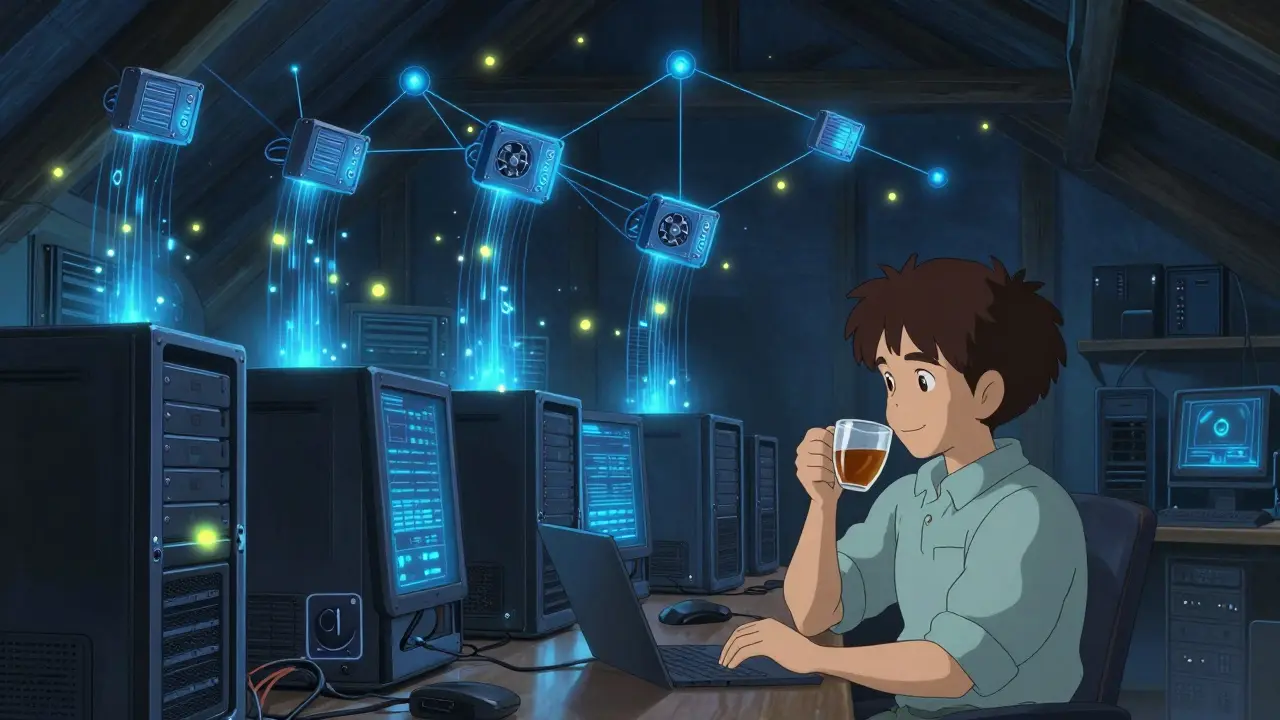 Idle computers emit glowing data streams that form a celestial web of decentralized storage and rendering nodes.