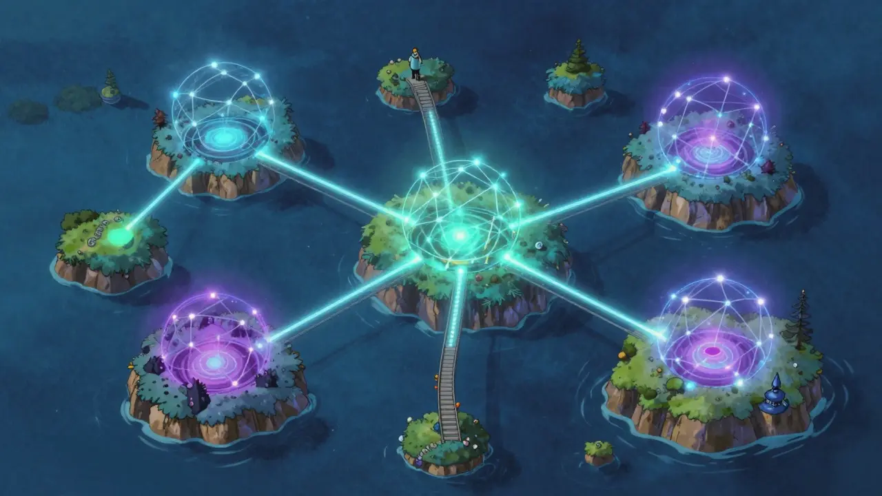 Interconnected glowing bridges spanning a digital landscape connecting islands.