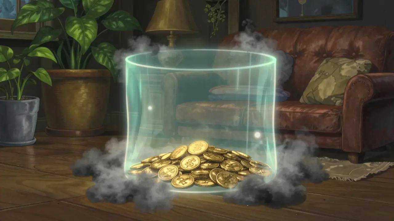 Magical shield protecting gold coins from dark fog in a room