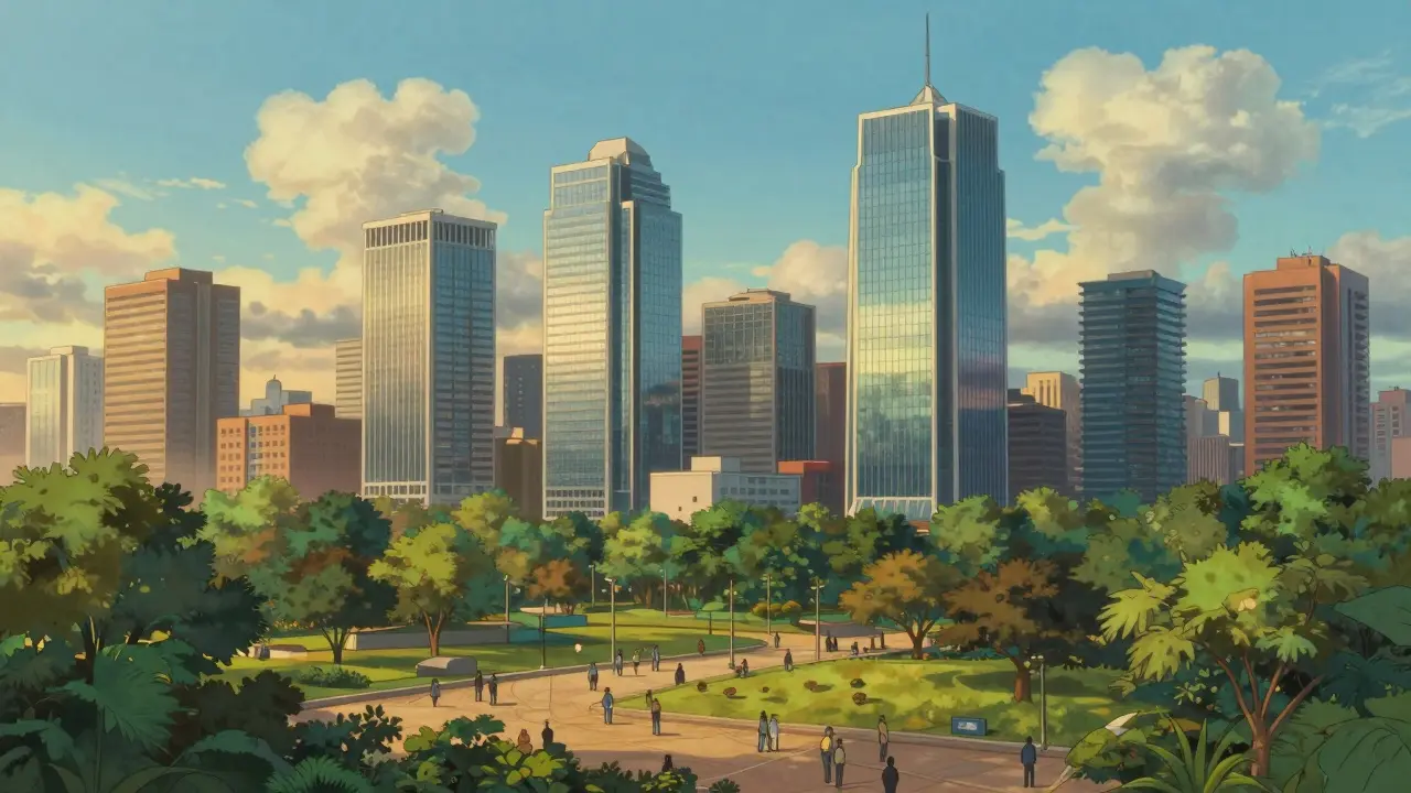 Modern Nigerian city skyline with greenery at sunset