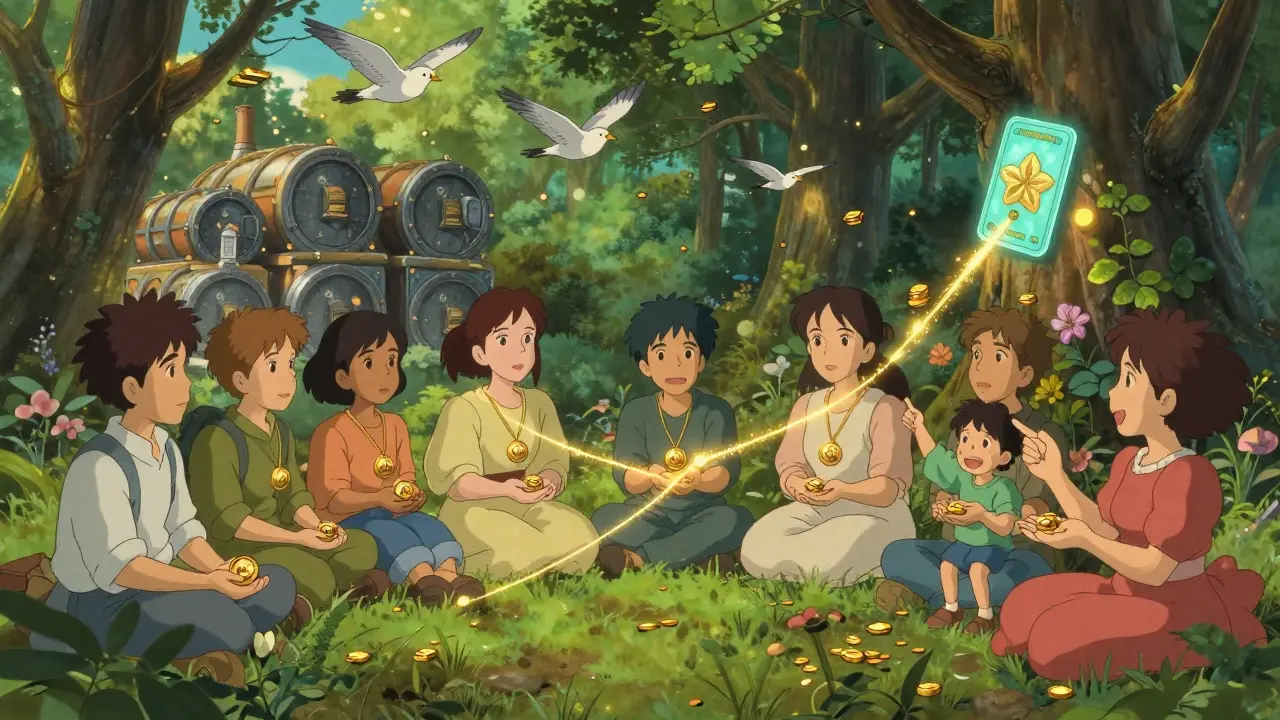 People in a sunlit forest marketplace connect to distant gold vaults through glowing golden threads, with birds carrying gold bars.