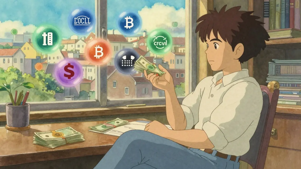 Person sitting at a desk with floating orbs near currency notes