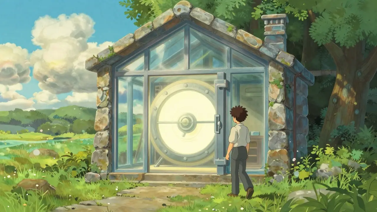 Secure glass vault building in sunny meadow with confident traveler.