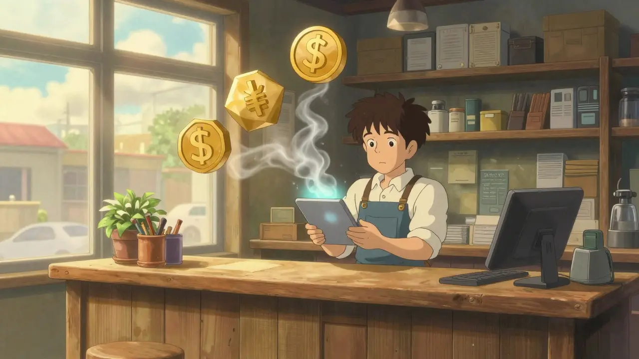 Shopkeeper in a cozy store seeing a glowing notification of a successful transaction completion.