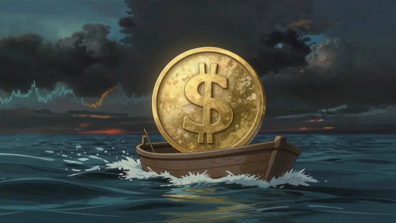 Small vessel sailing through turbulent waters under a dramatic shifting sky.