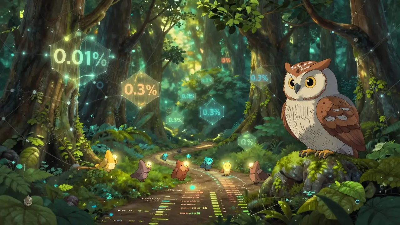 Tiny creatures place liquidity orbs in precise price ranges among blockchain trees under golden sunlight.