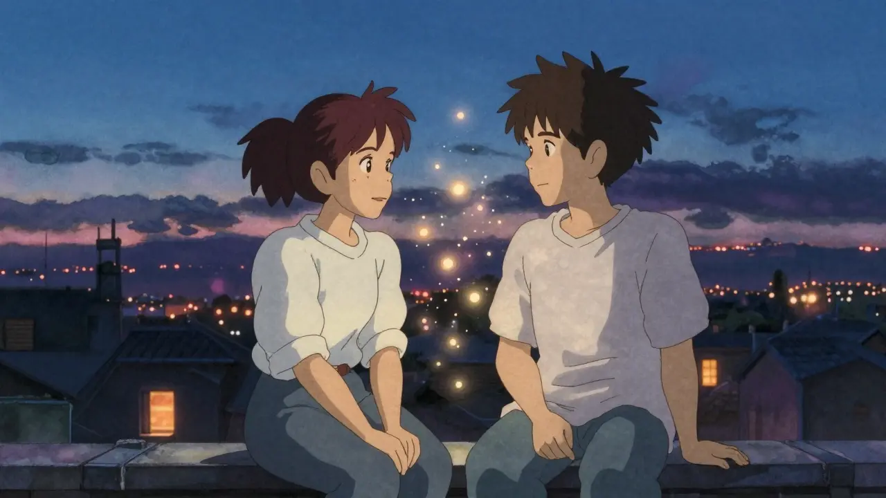 Two friends trusting each other on a rooftop at dusk