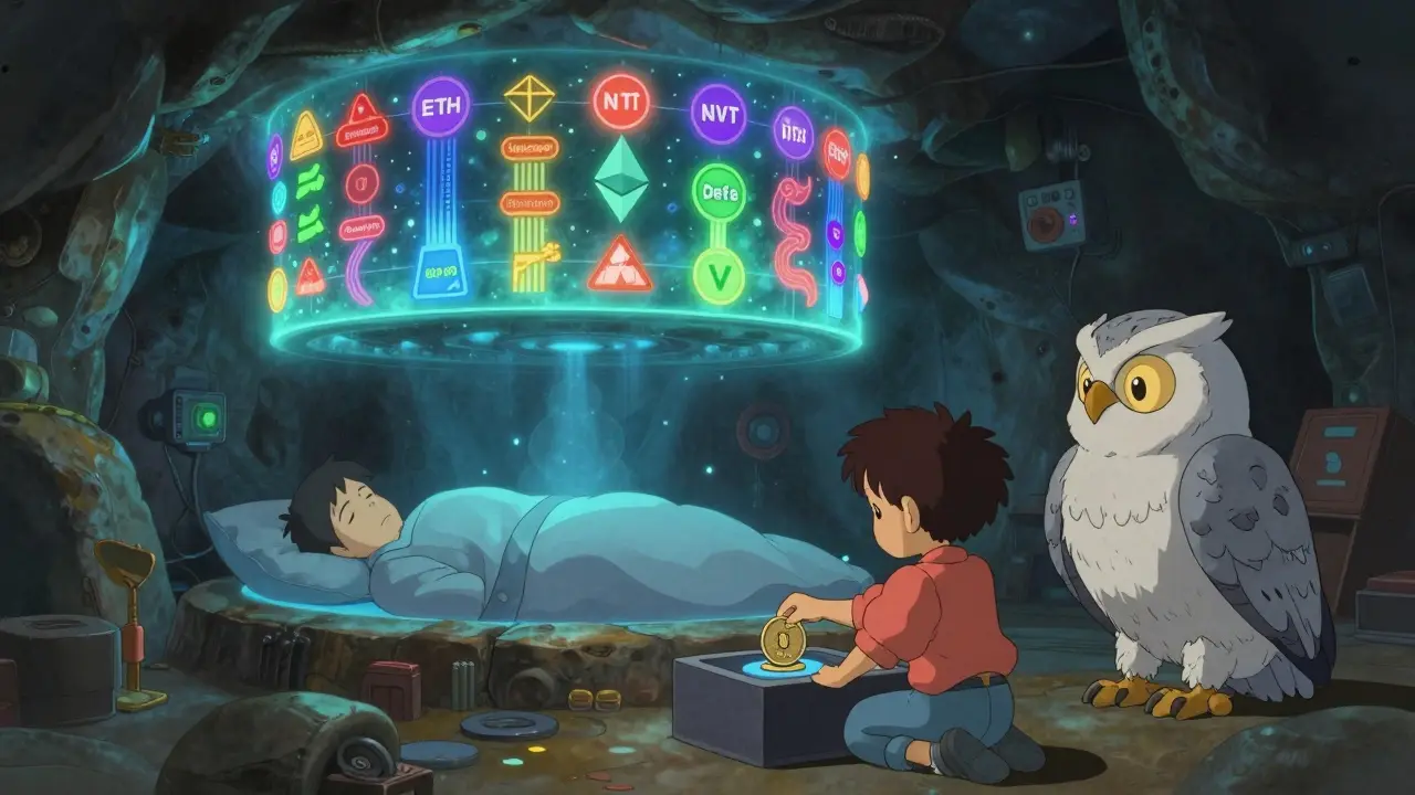 Two layers of Ethereum: glowing transactions above and quiet validators below, with a child depositing ETH into a staking pool.