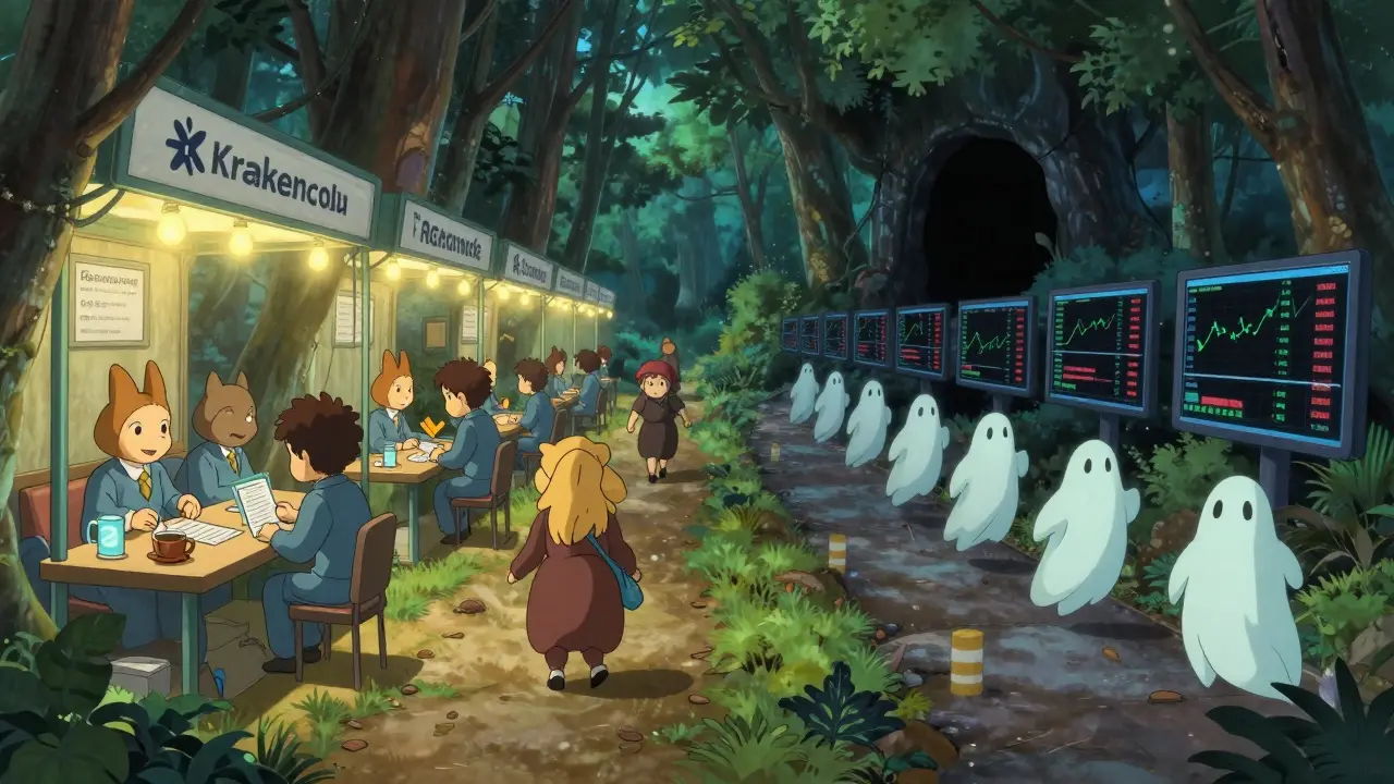 Two paths in a forest: one leads to trustworthy crypto exchanges, the other to a dark void of scamming screens.