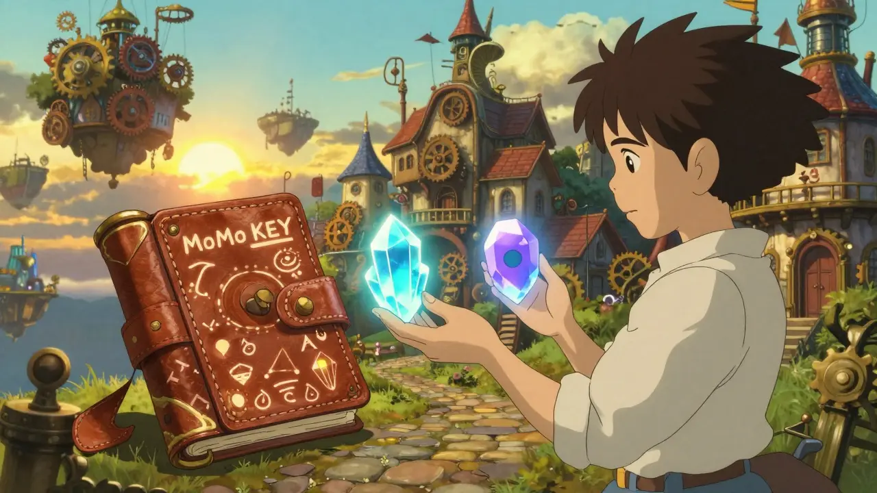 A character comparing two different glowing crystals in a steampunk village.