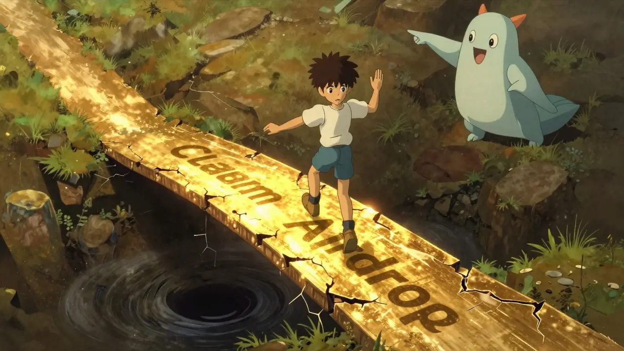 A character nearly stepping onto a cracking golden bridge with a guardian warning them.