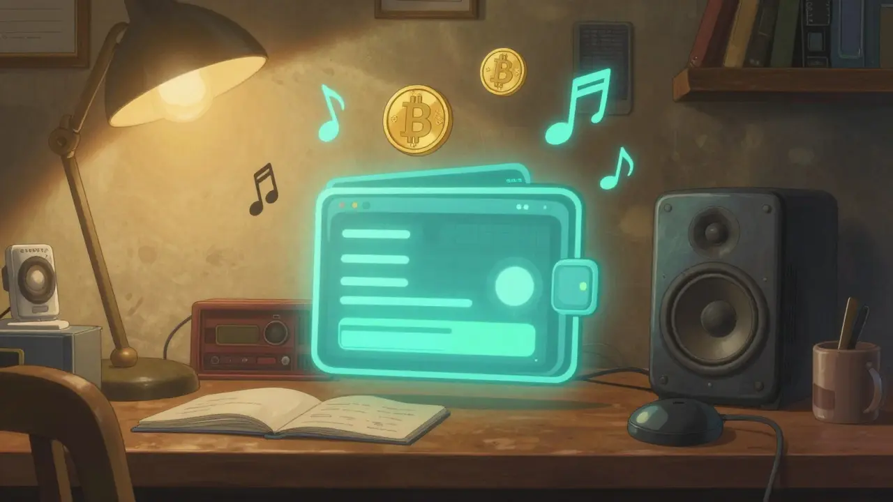 A cozy room with a floating digital token wallet and musical notes in Ghibli style