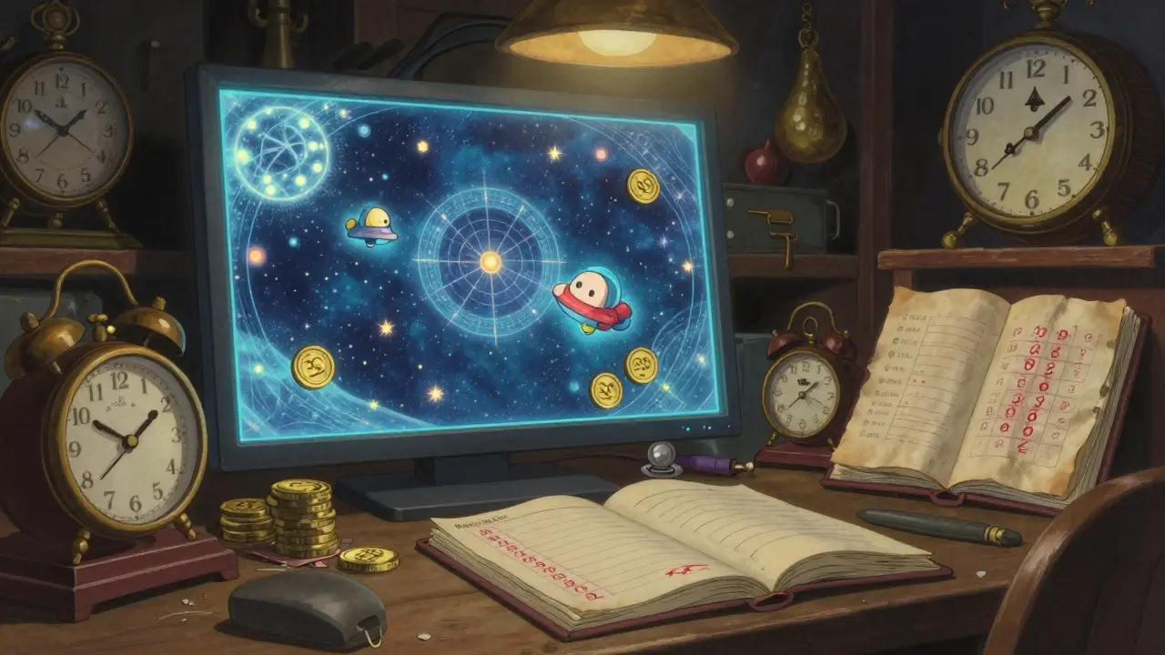 A cozy workshop showing a space game and a ledger with zero values.