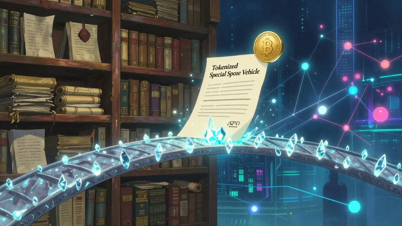 A crystalline bridge connecting a traditional paper archive to a digital blockchain network.