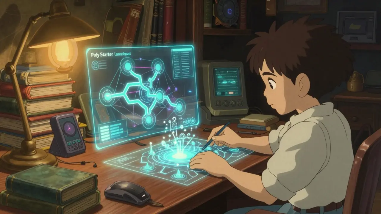 A digital explorer studying holographic blockchain networks in a cozy Ghibli-style room.