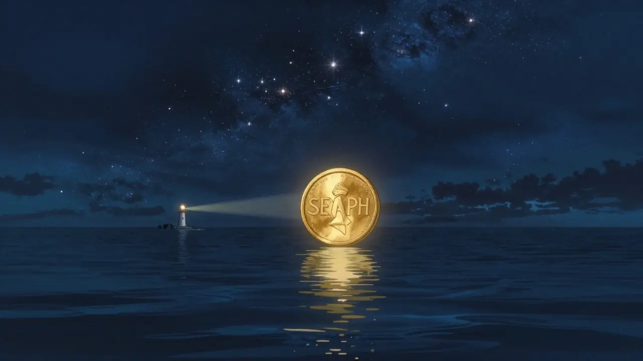 A glowing SERAPH token floating over a calm ocean under a starry night sky.