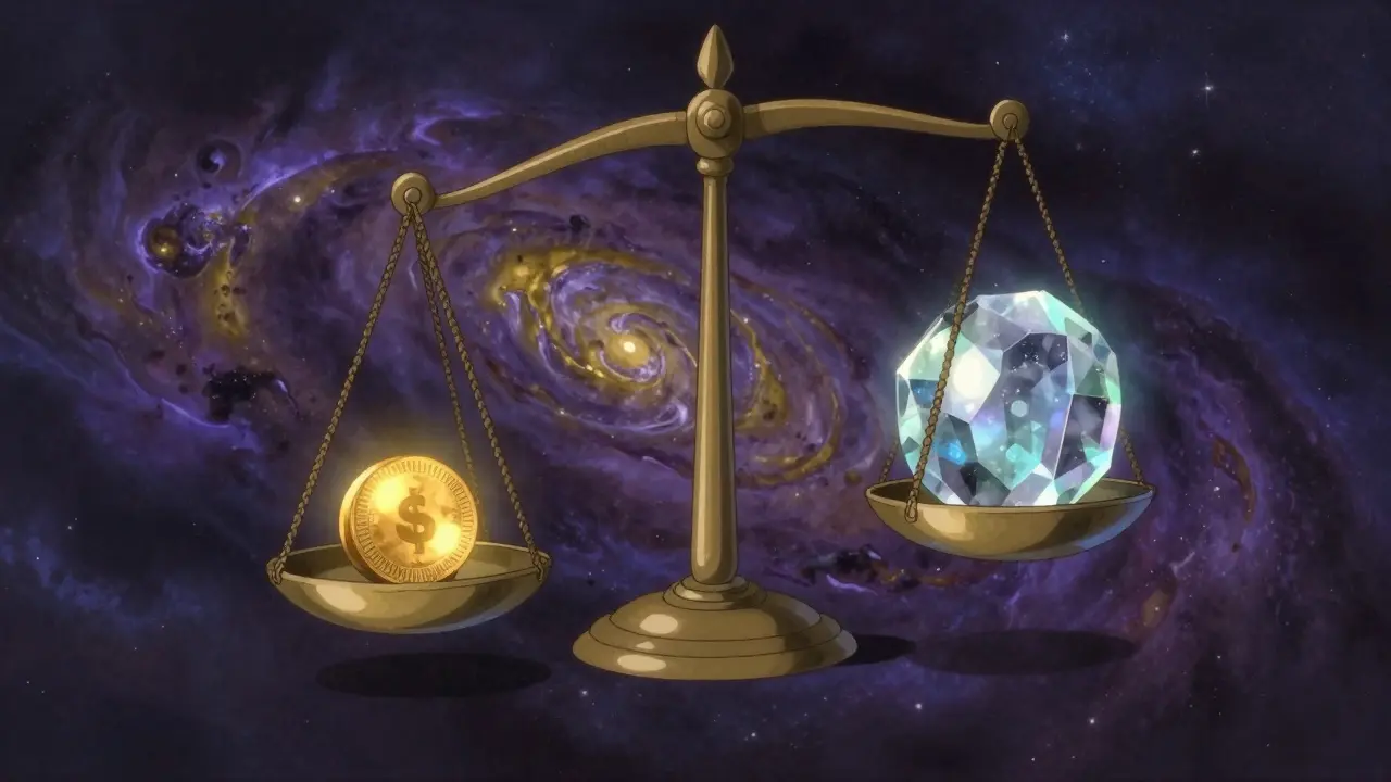 A golden token on a floating scale against a starry, cosmic background.