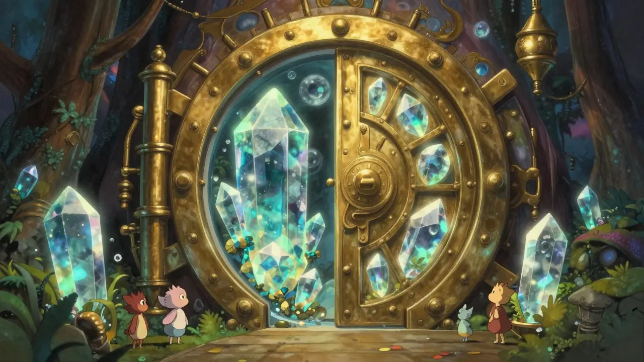 A golden vault secured by glowing crystals and forest spirits