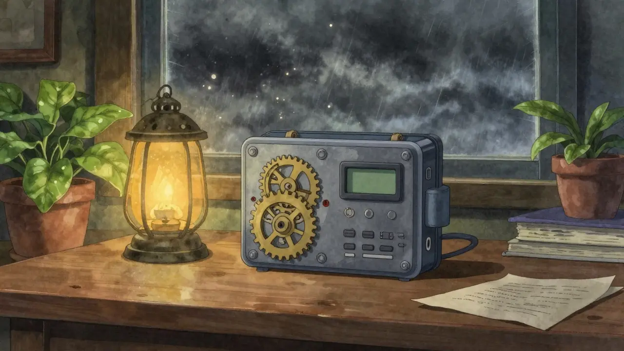 A hardware wallet sits on a table inside a room with stormy weather outside.