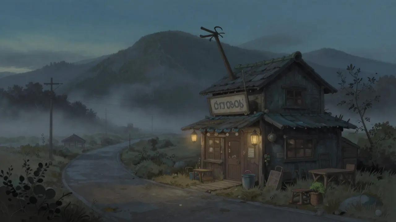 A lonely, quiet digital shop in a foggy valley with no people around