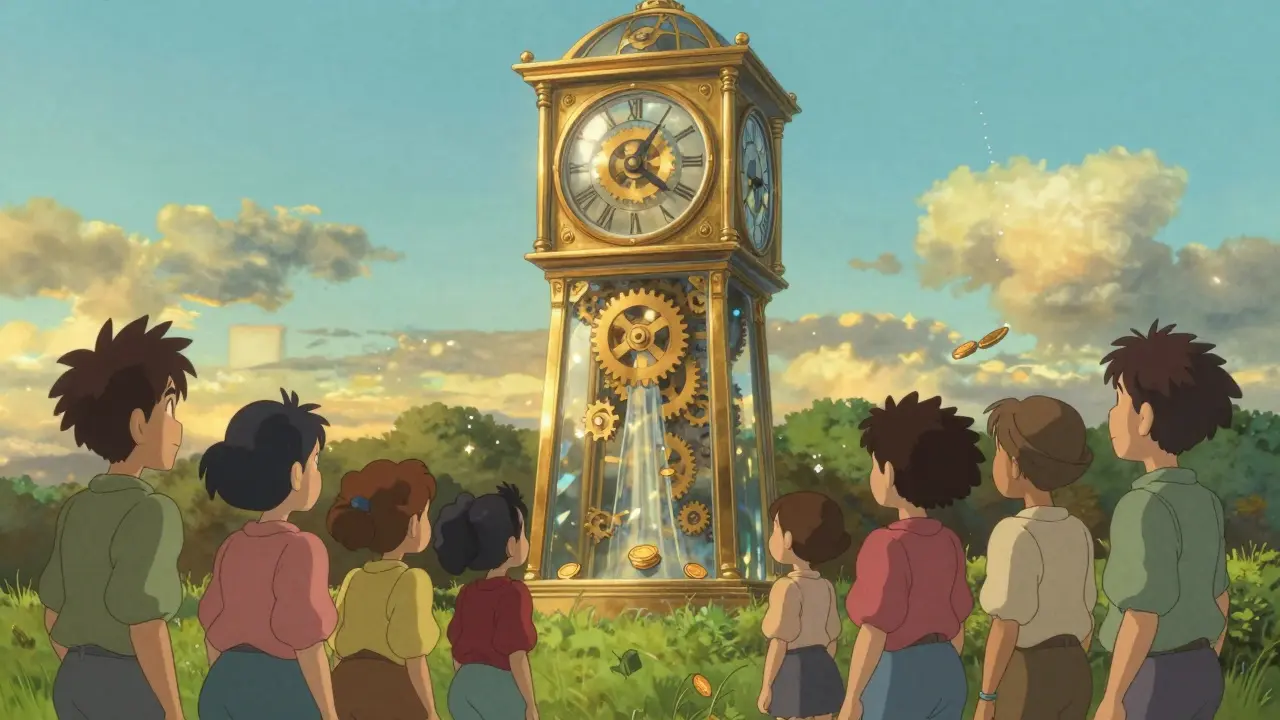 A magical gold clocktower releasing sparkling tokens into a meadow in Ghibli style.