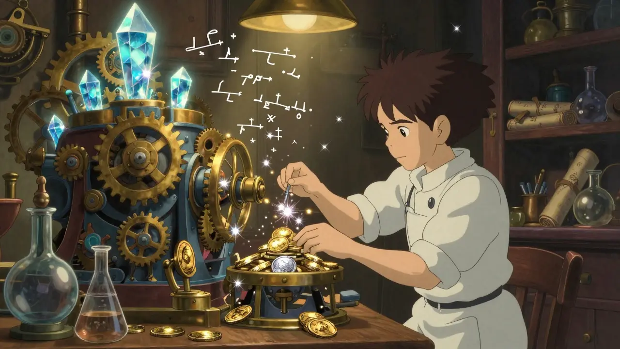 A magical workshop with glowing crystals and floating math formulas in Studio Ghibli style.