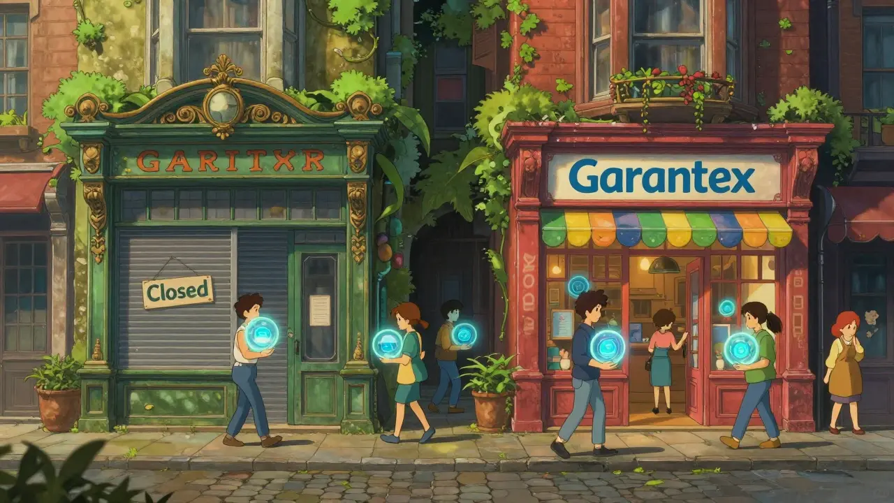A new shop opening next to a closed one in a vibrant Ghibli-style city street.