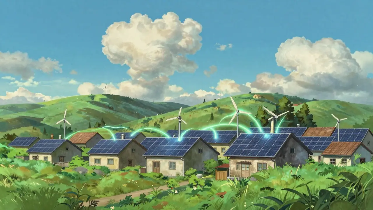 A peaceful village with solar panels and glowing energy links between houses.