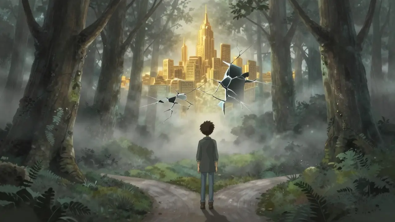 A person at a crossroads watching a golden city mirage crack and fade.