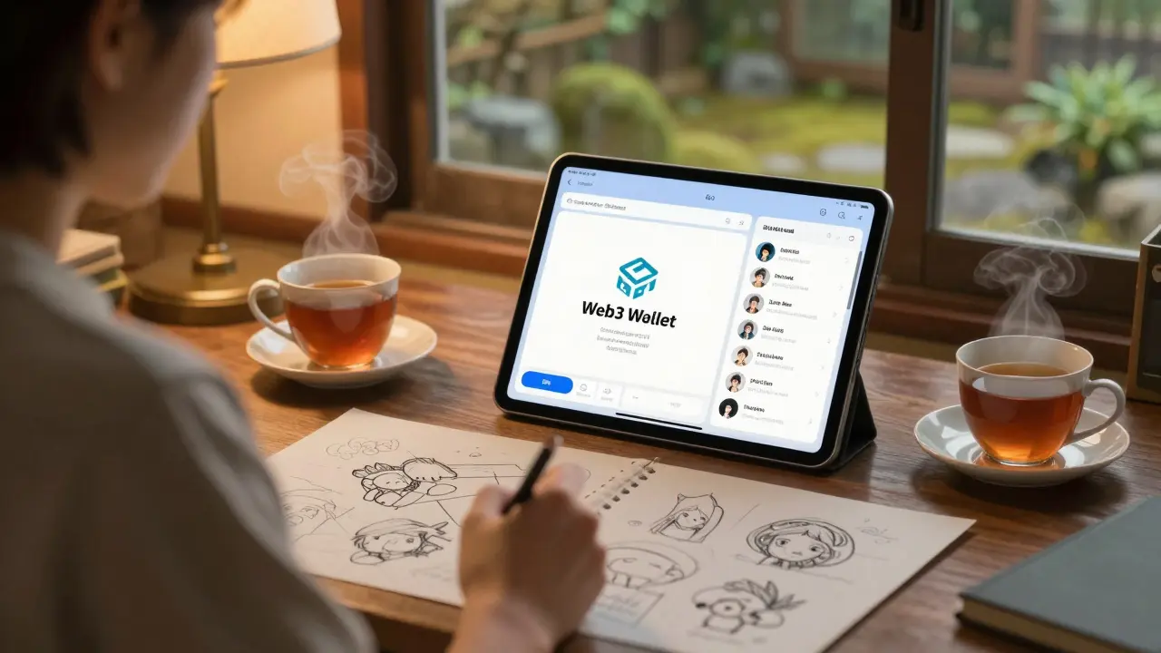 A person using a digital wallet and community chat in a cozy room