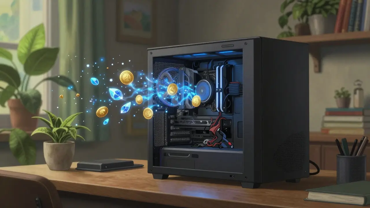 A powerful GPU computer rig producing shimmering digital tokens in a cozy home office.