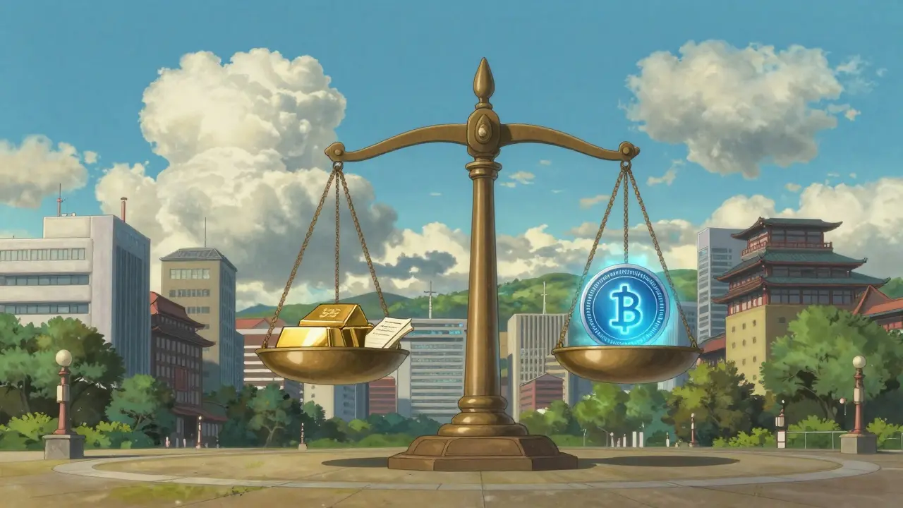 A scale of justice balancing a physical asset and a digital token under a bright blue sky.