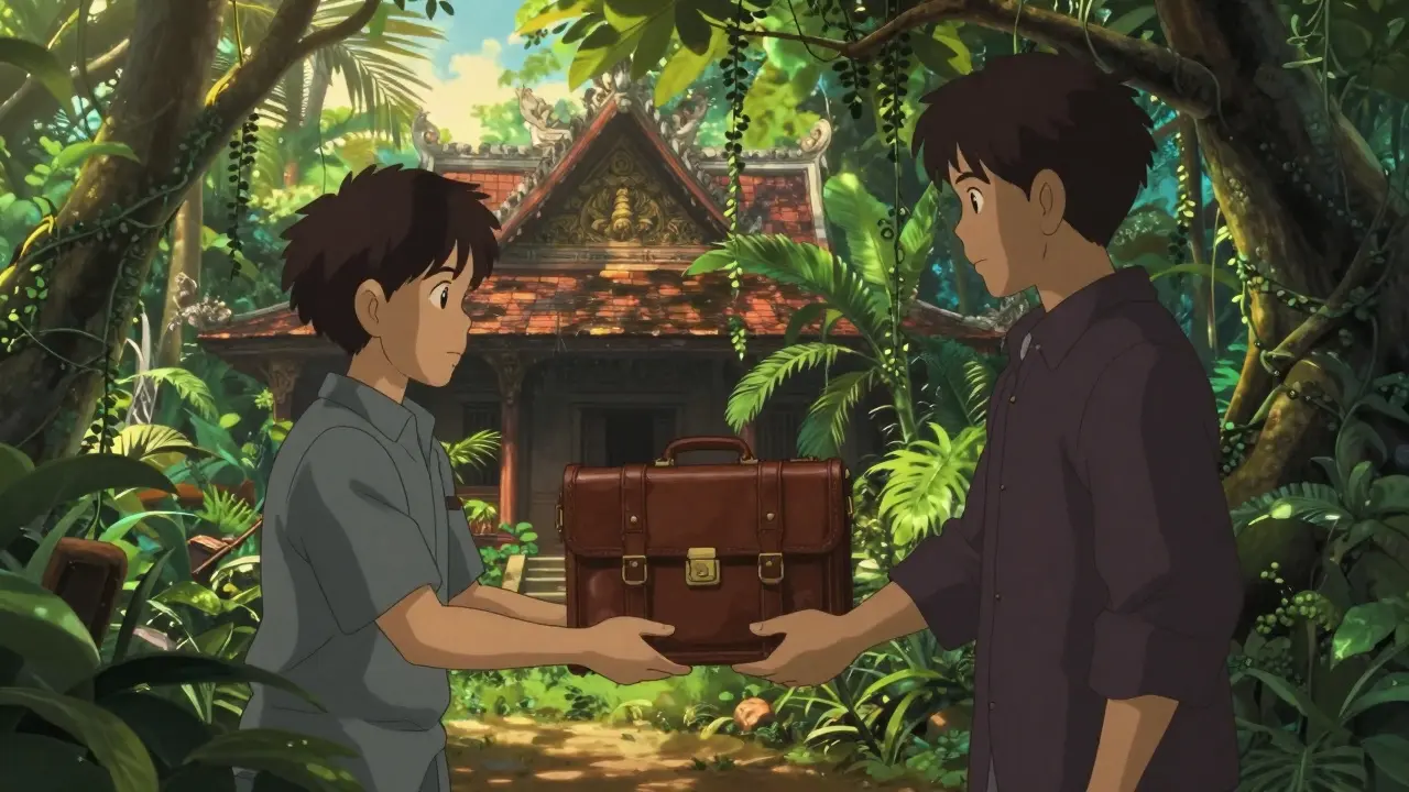 A secret briefcase exchange in a lush, tropical Cambodian garden.