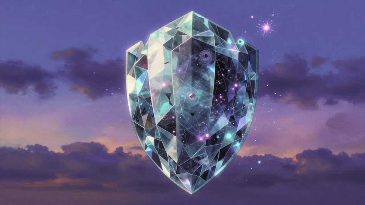 A shimmering geometric shield protecting a crystalline data core from quantum energy.