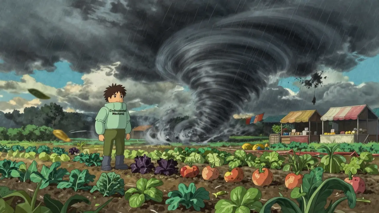 A stylized Ghibli-style storm hitting a digital farm with a distant colorful market.