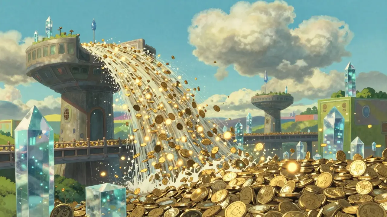 A surreal river of glowing gold coins flowing through a crystalline digital landscape.