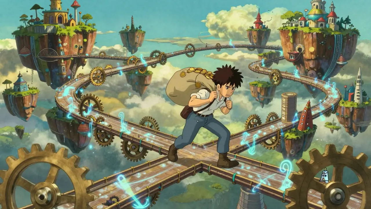 A traveler struggling to cross a complex floating energy bridge between islands