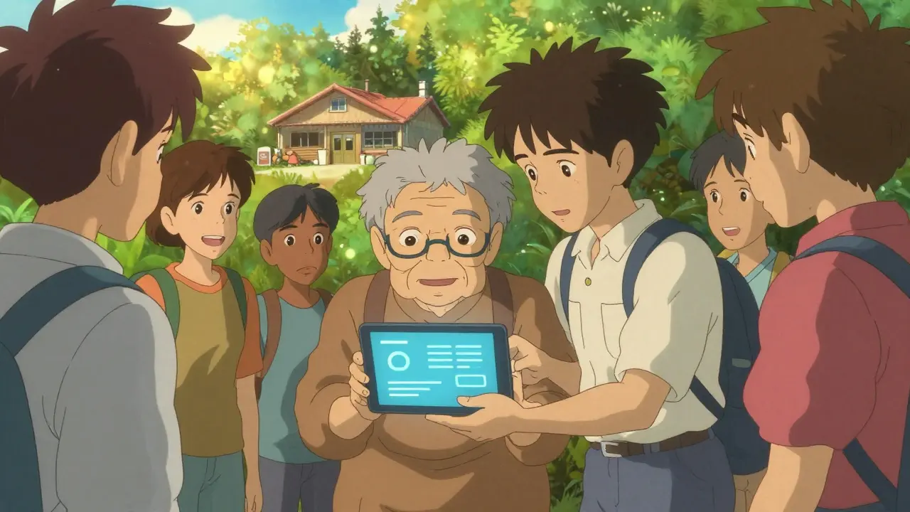 A young person helping an elderly person use a tablet in a peaceful, sunny community garden.
