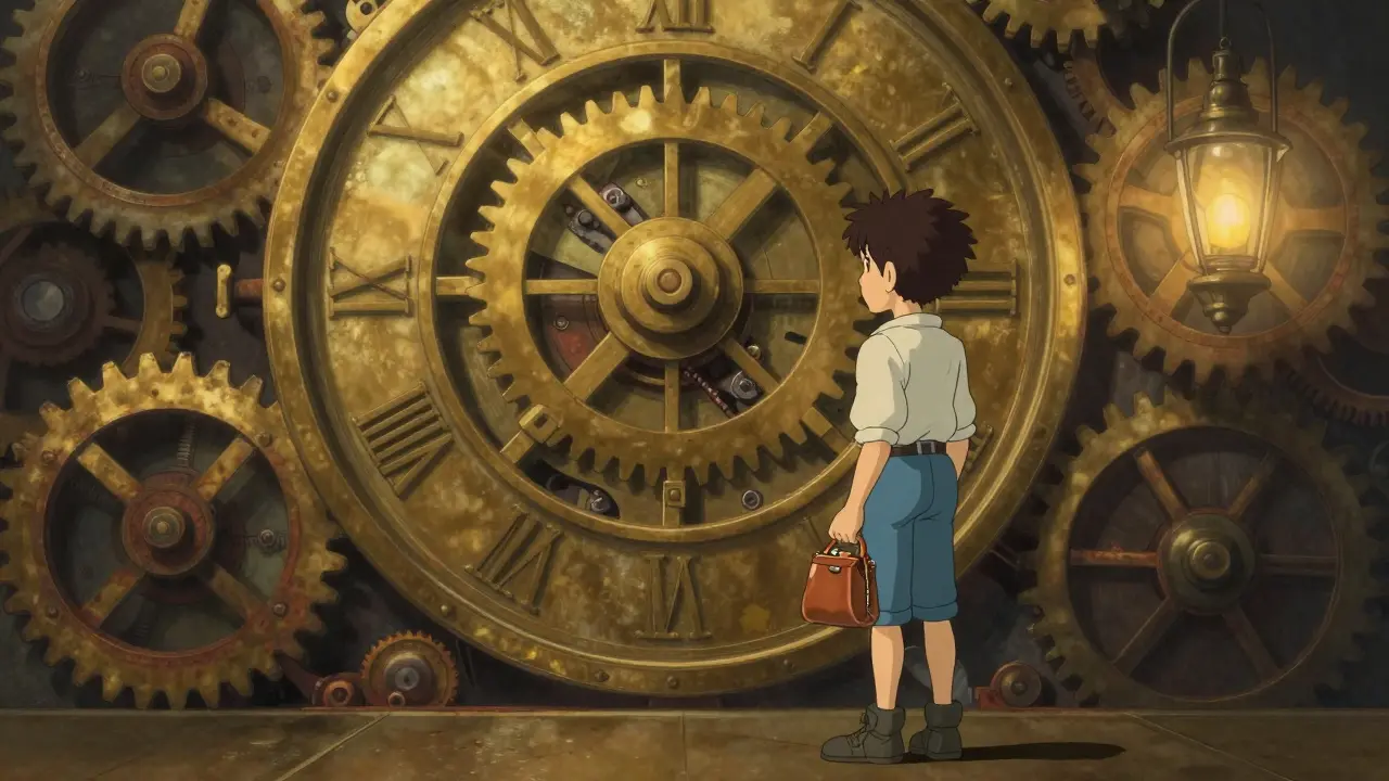 An adventurer cautiously examining a giant golden clockwork mechanism