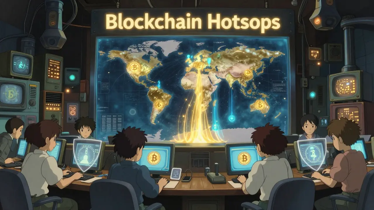 Analysts in a Ghibli-style workshop monitoring digital currency flows on a world map.