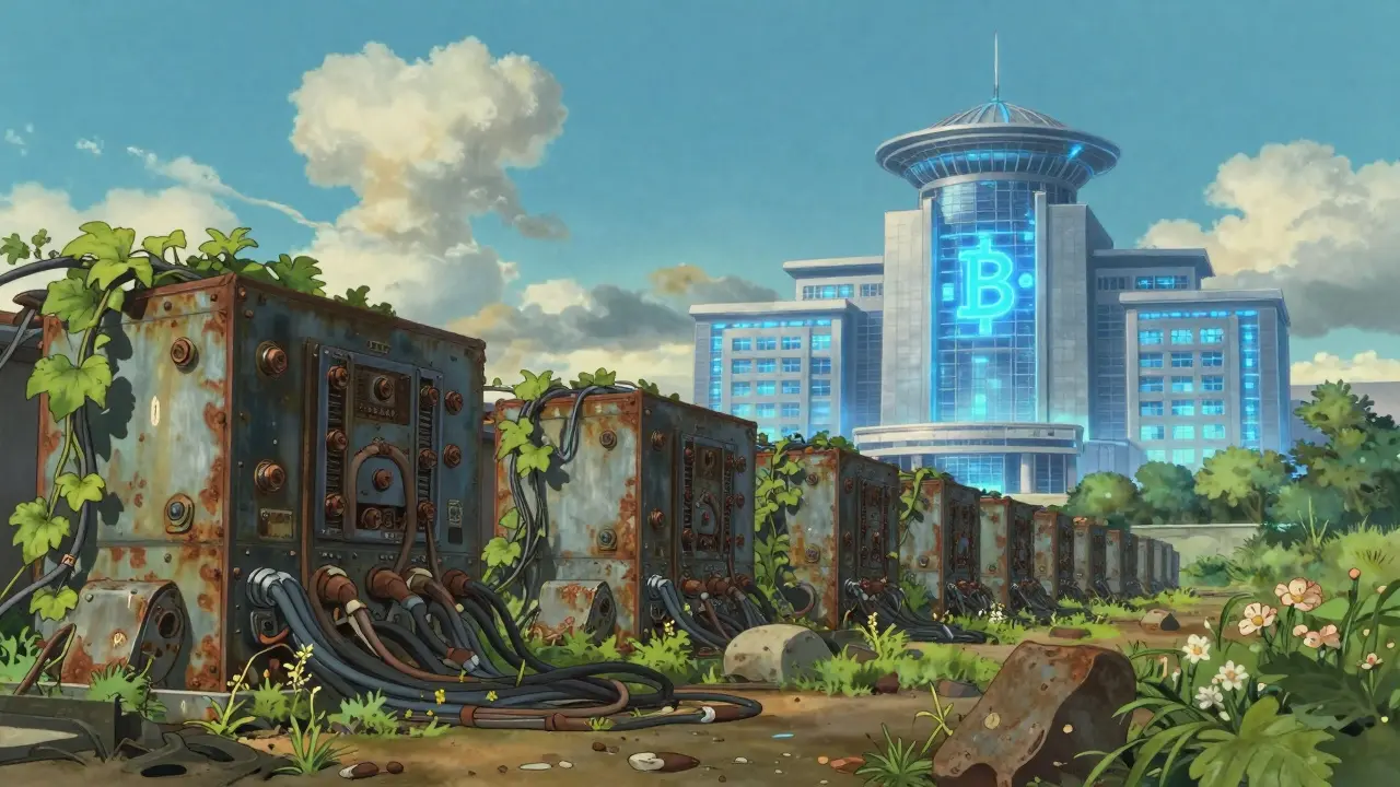 Anime style abandoned mining hardware with vines next to a glowing modern government building