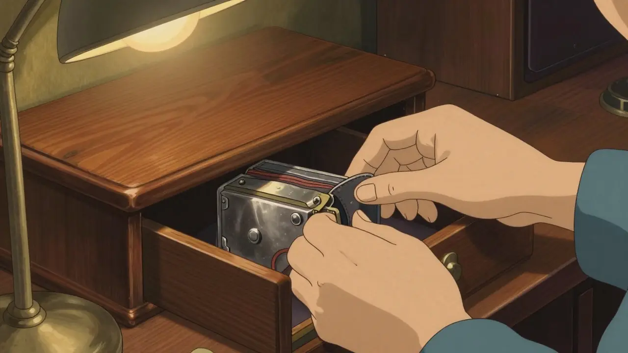 Anime style close-up of hands hiding a hardware wallet in a secret wooden desk compartment