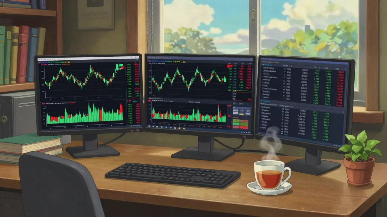 Cozy professional trader workstation with multiple monitors in Ghibli style