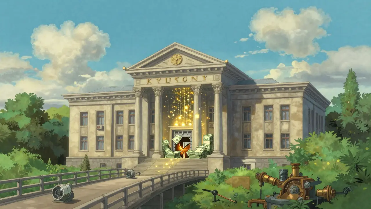 Digital gold particles turning into cash and machine parts at a bank in a lush landscape.