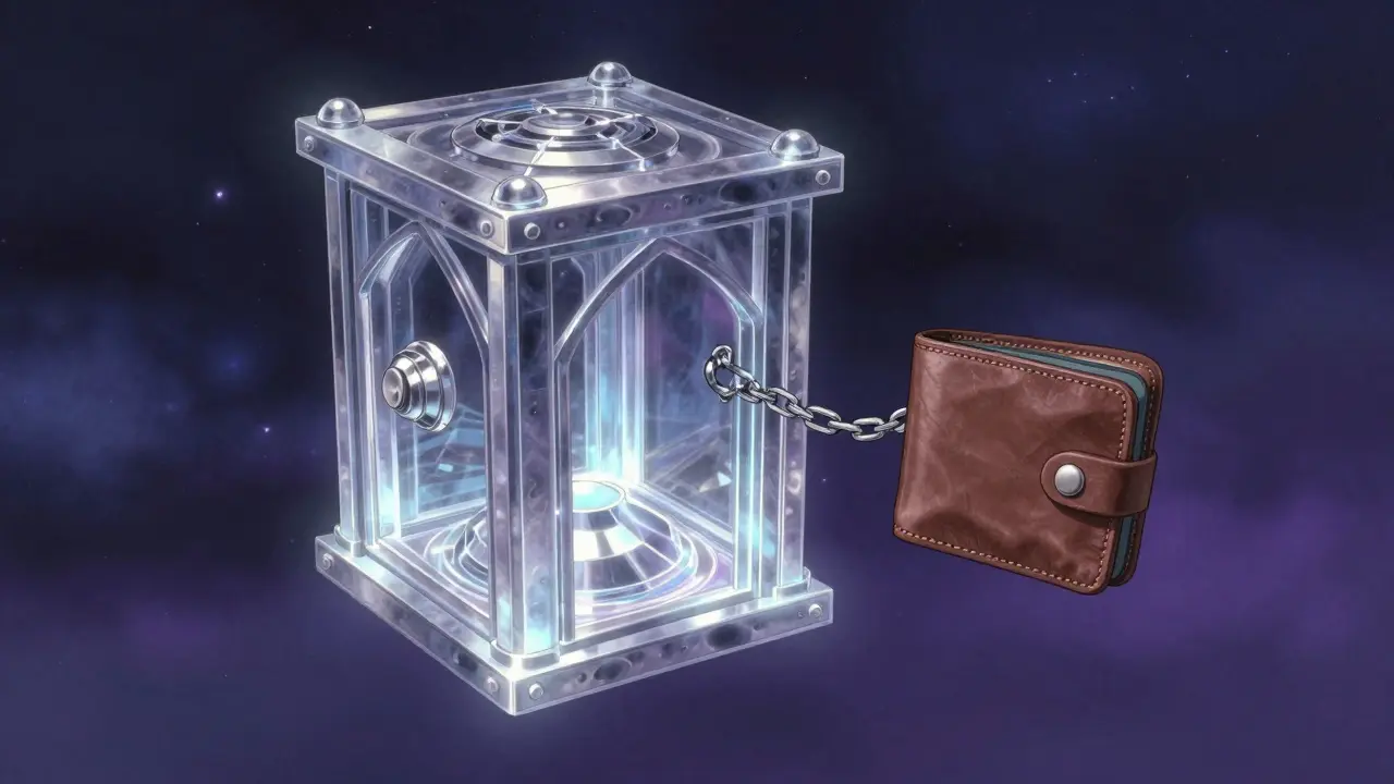 Ethereal glowing vault and a floating leather pouch in a starlit void