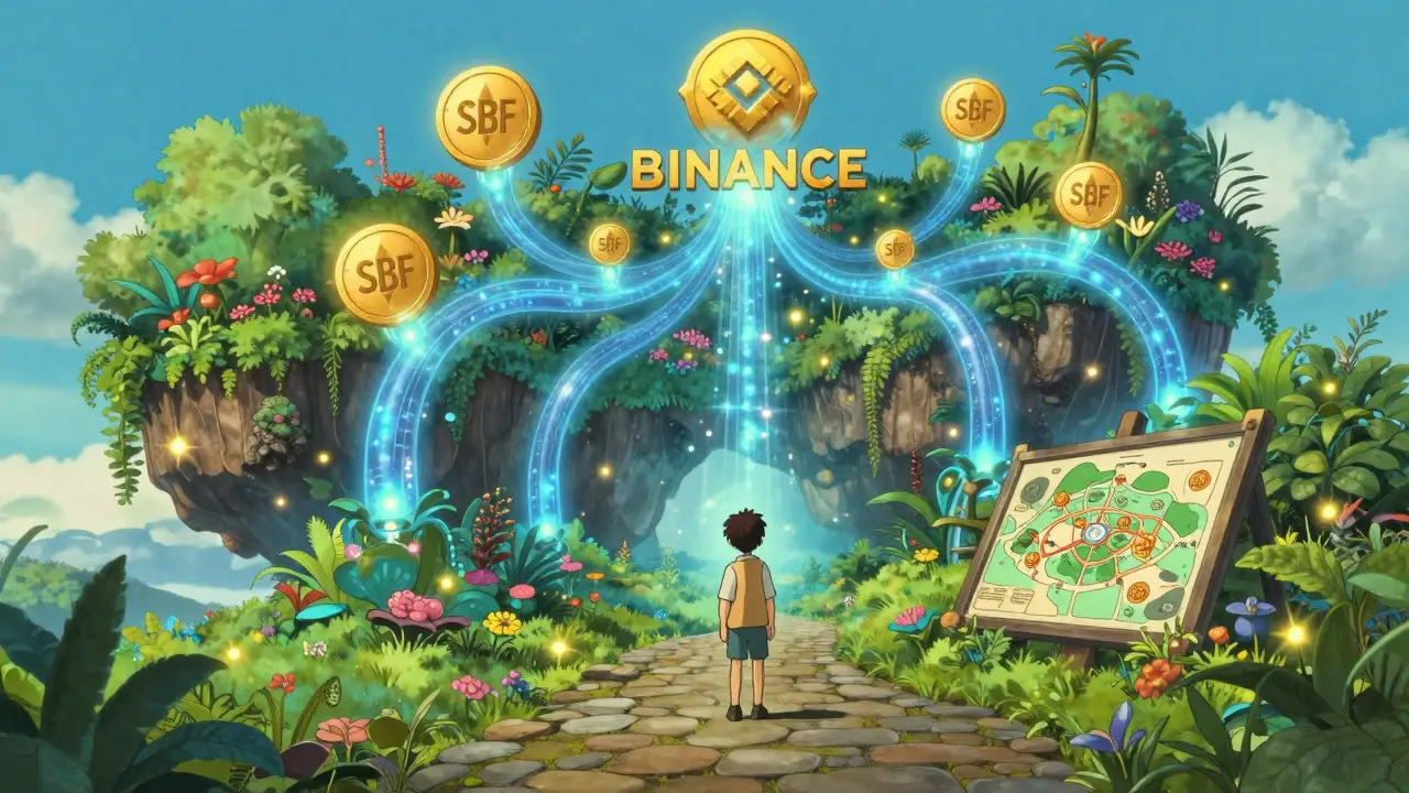 Floating island with blue energy conduits and sparkling tokens in a bright sky