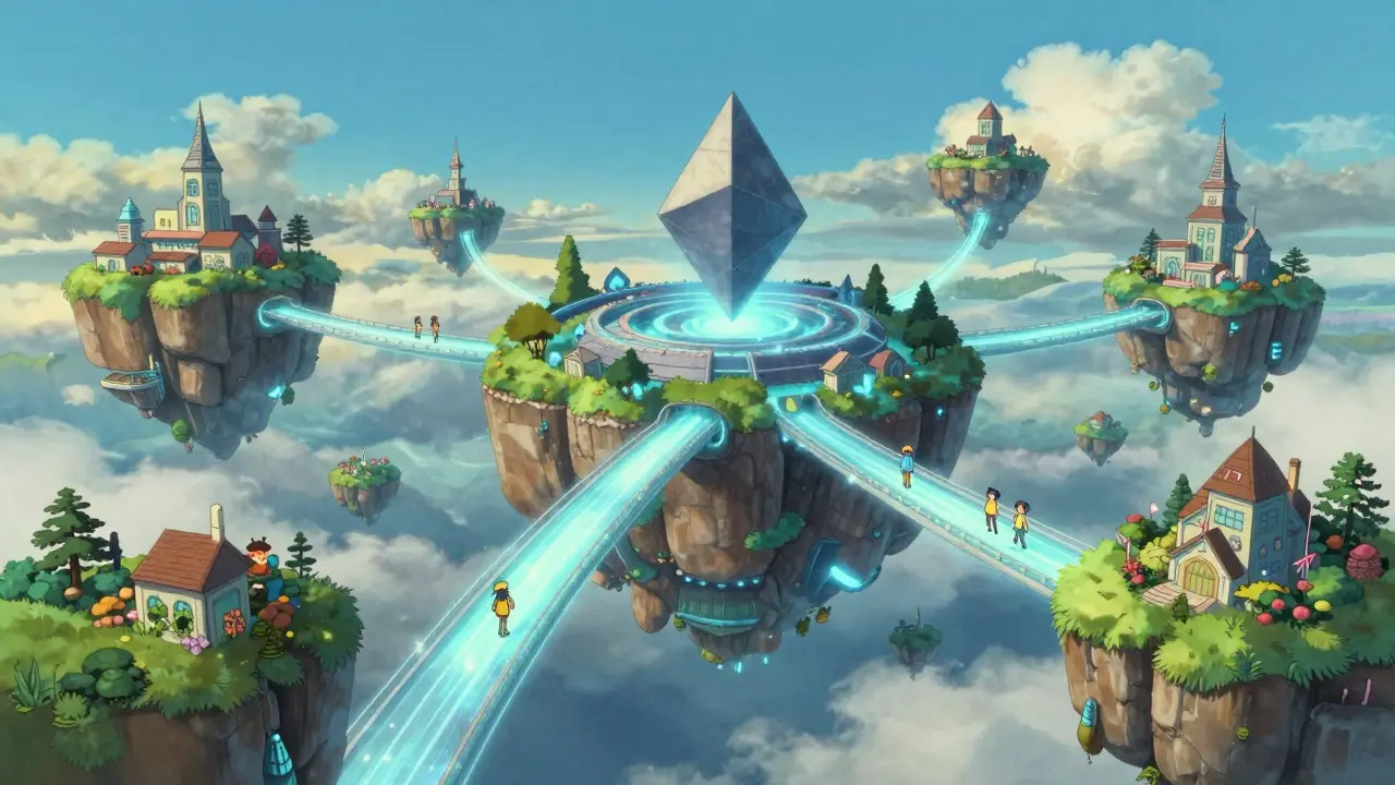 Floating islands connected by glowing bridges of light in a lush, peaceful landscape.