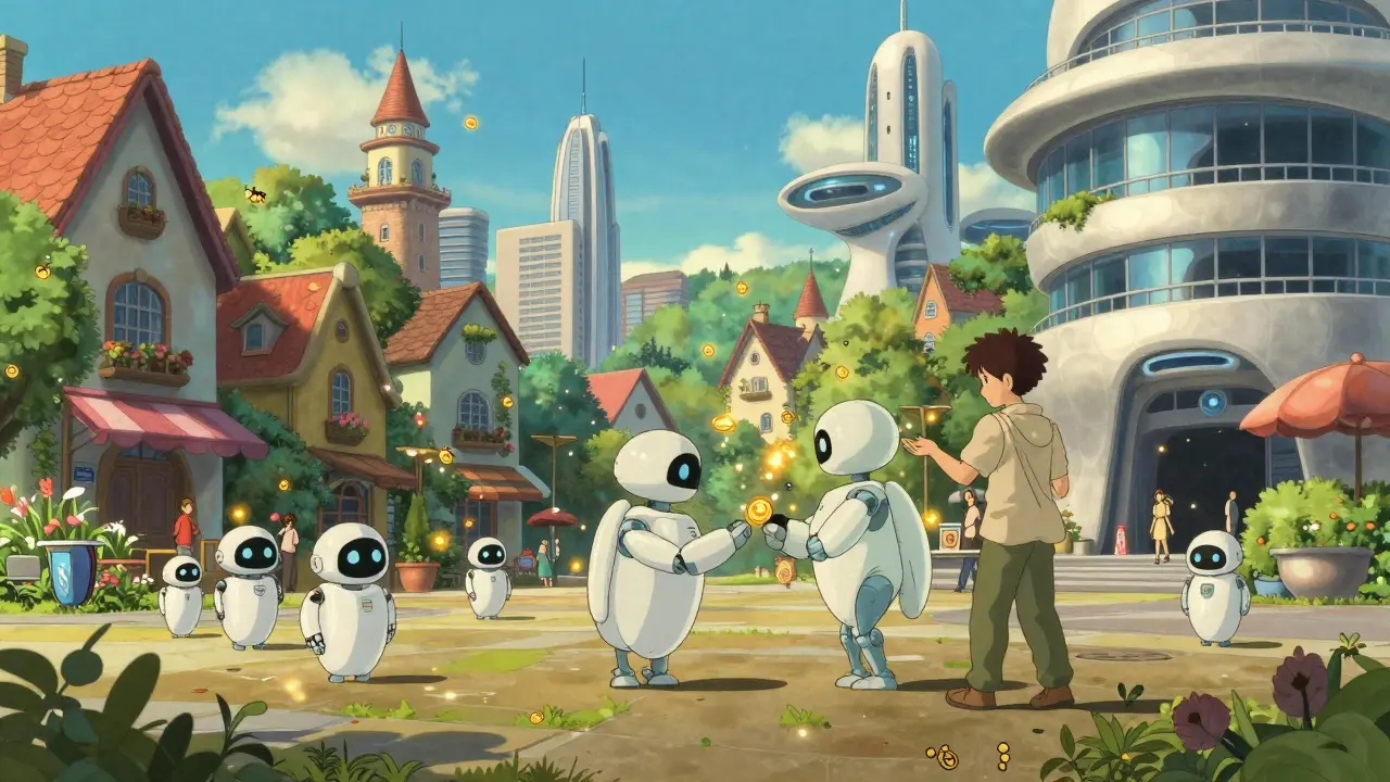Friendly AI robots and humans exchanging glowing golden tokens in a sunlit future city.